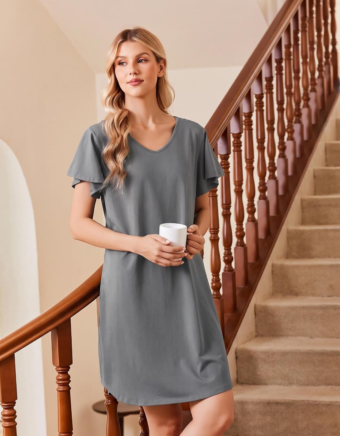 image:imageEkouaer Cotton Nightgowns for Women 3 Pack Short Sleeve Sleepshirts TshirtBlackGreyLeopard