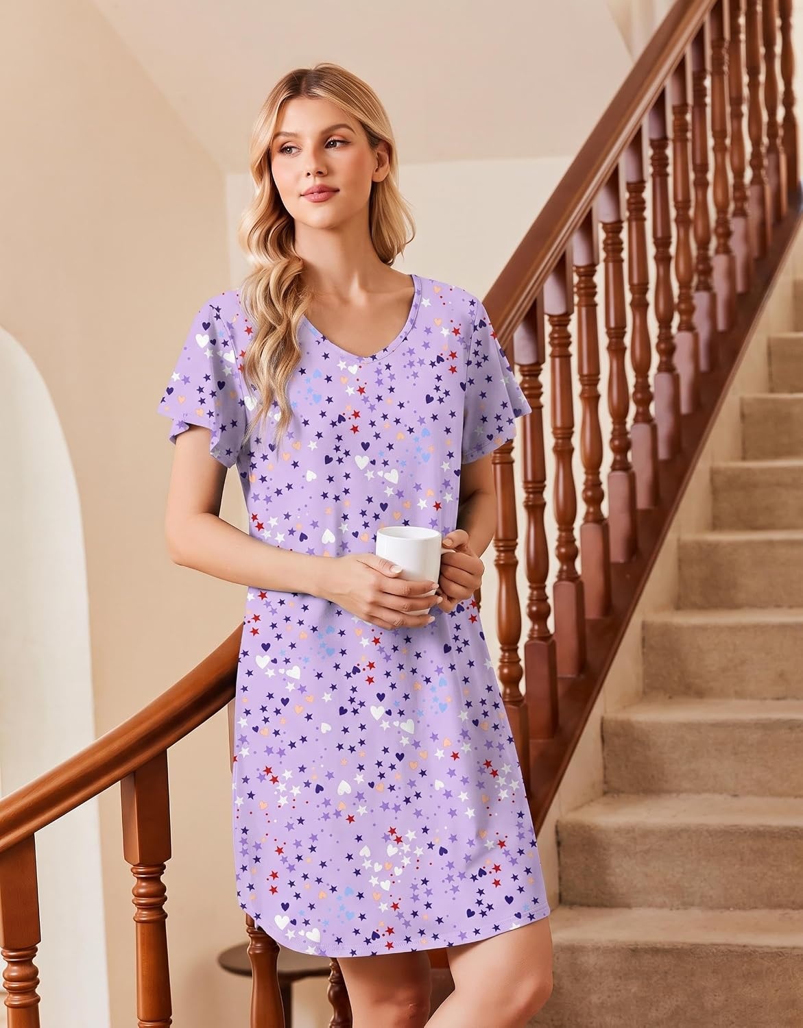 image:imageEkouaer Cotton Nightgowns for Women 3 Pack Short Sleeve Sleepshirts TshirtPink FloralPurple StarBlue Moon
