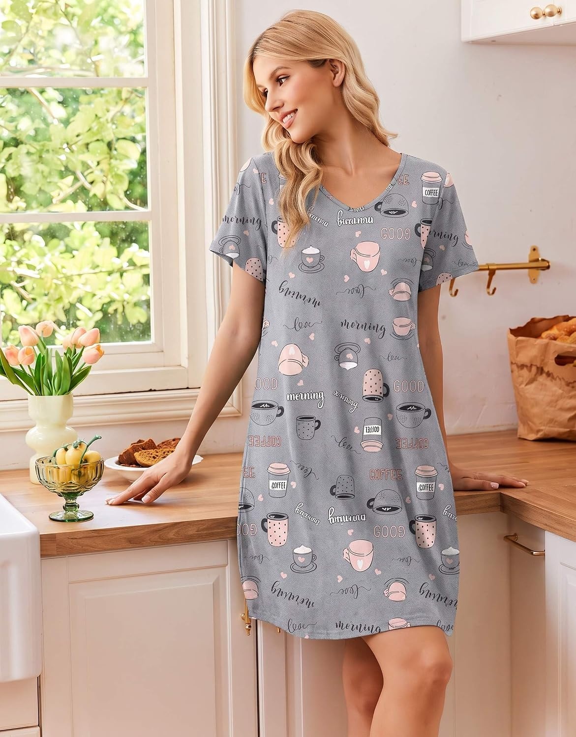 image:imageEkouaer Cotton Nightgowns for Women 3 Pack Short Sleeve Sleepshirts TshirtPink FlowerCoffeeMoon