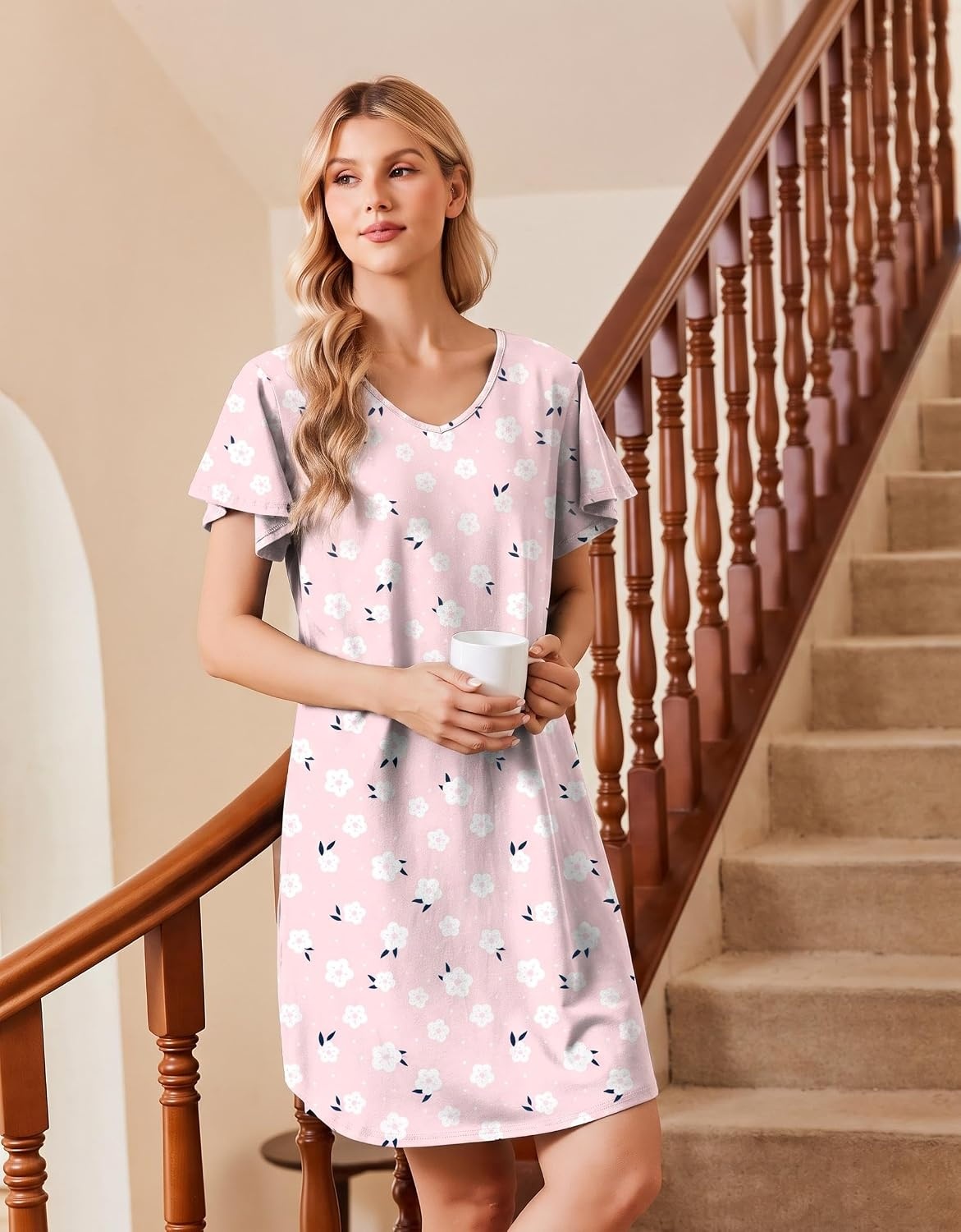 image:imageEkouaer Cotton Nightgowns for Women 3 Pack Short Sleeve Sleepshirts TshirtPink FlowerCoffeeMoon