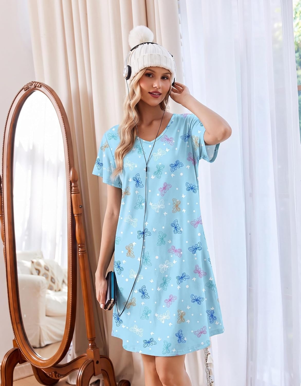 image:imageEkouaer Cotton Nightgowns for Women 3 Pack Short Sleeve Sleepshirts TshirtSheepCoffee CupBlue Butterfly