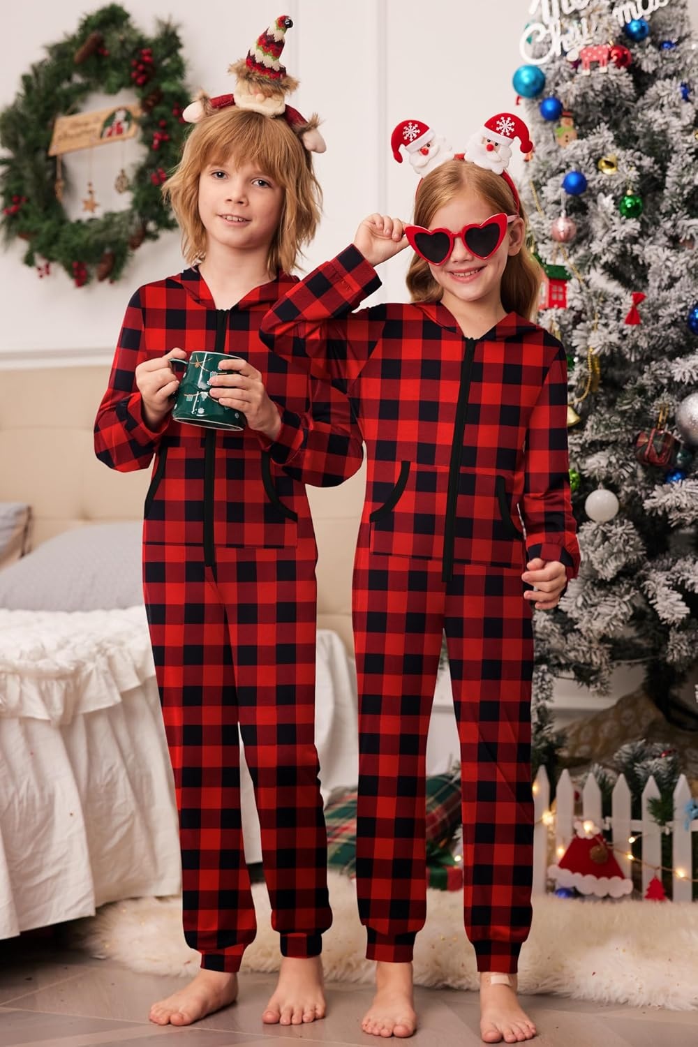 image:imageEkouaer Family Christmas Onesie Pajamas Matching Sets Hooded One Piece PjsFamily Christmas Buffalo Plaid Print