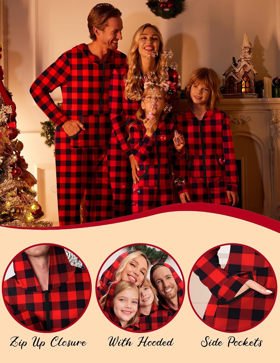 image:imageEkouaer Family Christmas Onesie Pajamas Matching Sets Hooded One Piece PjsFamily Christmas Buffalo Plaid Print