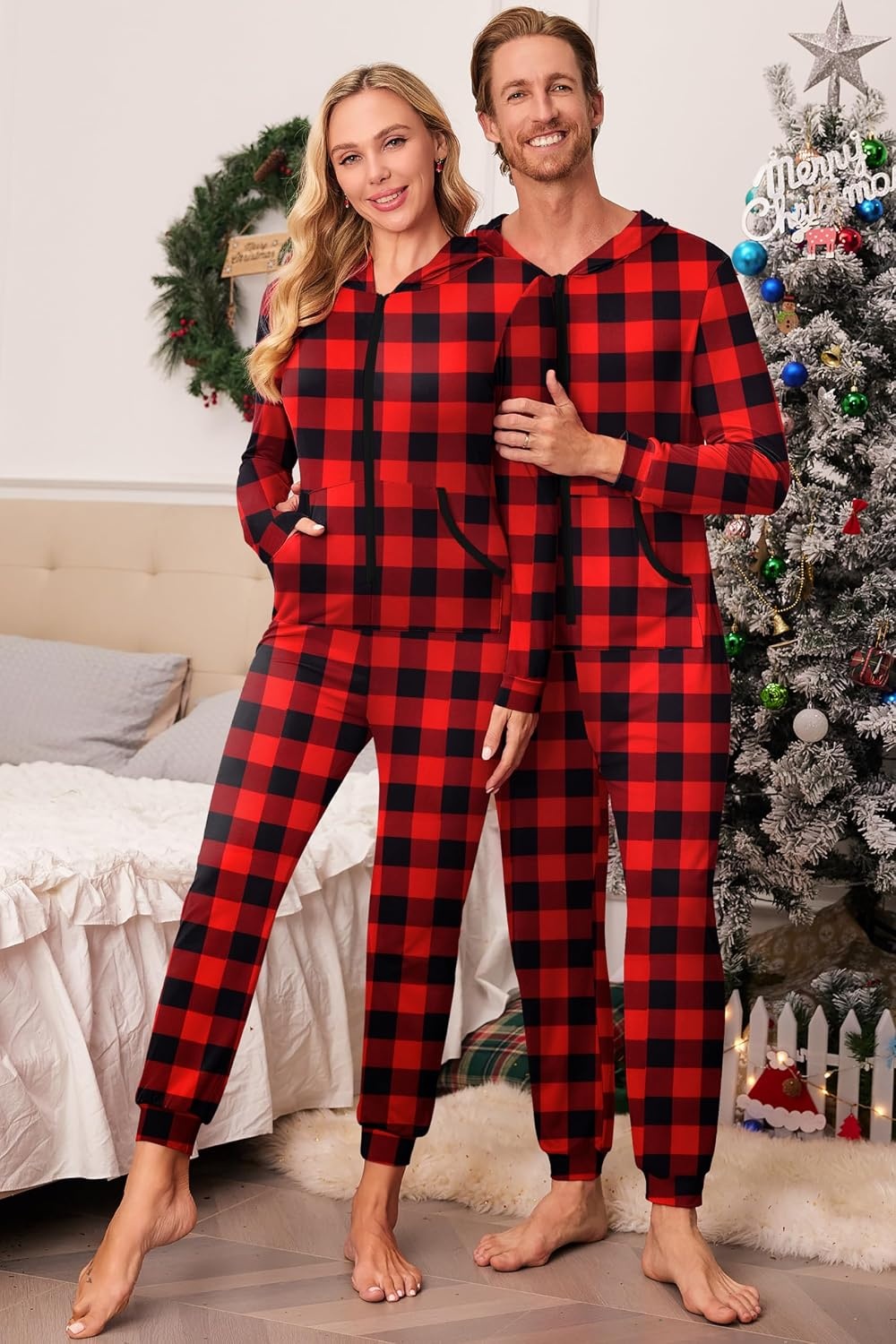 image:imageEkouaer Family Christmas Onesie Pajamas Matching Sets Hooded One Piece PjsFamily Christmas Buffalo Plaid Print