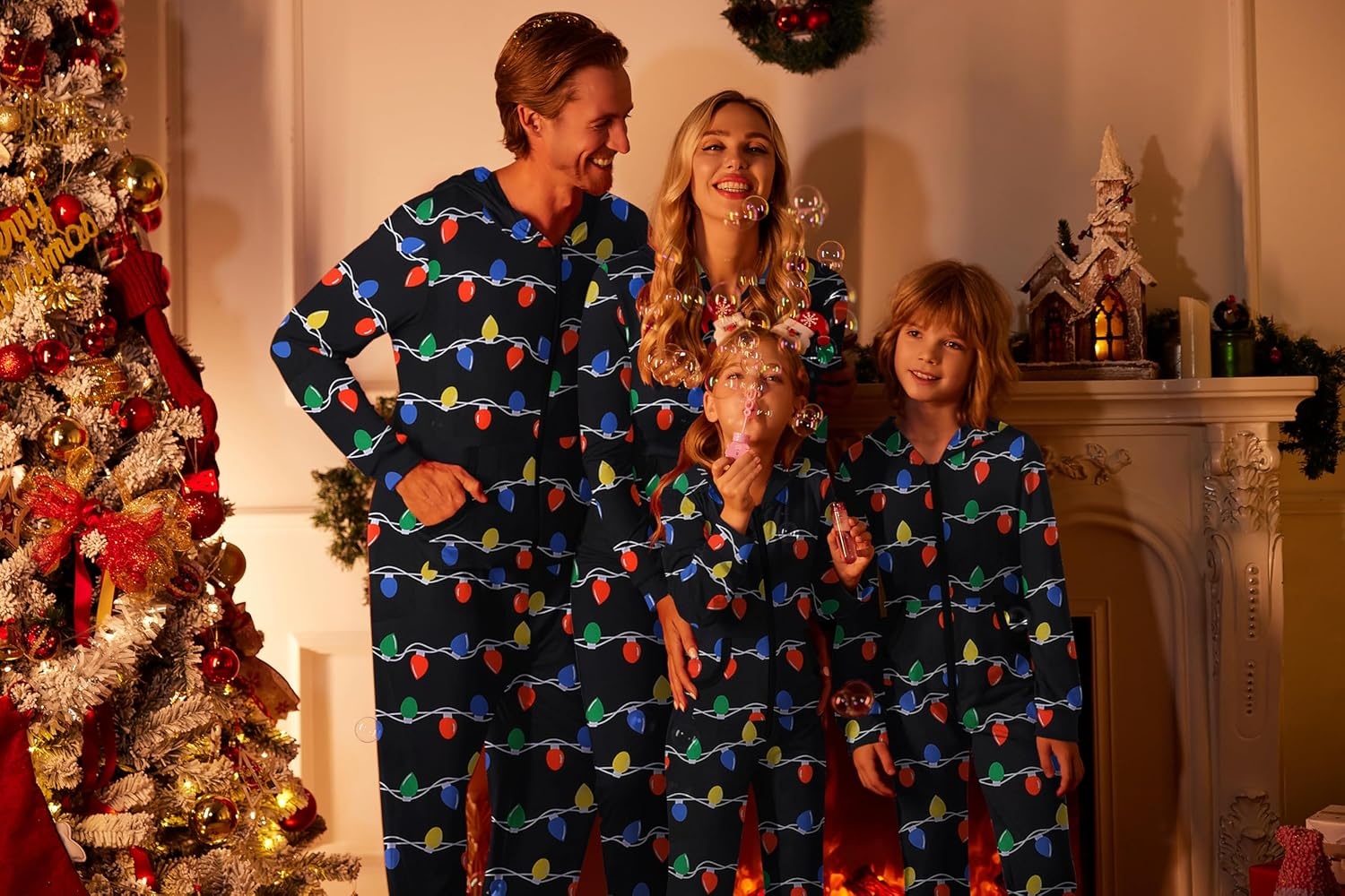 image:imageEkouaer Family Christmas Onesie Pajamas Matching Sets Hooded One Piece PjsFamily Christmas Lights Print