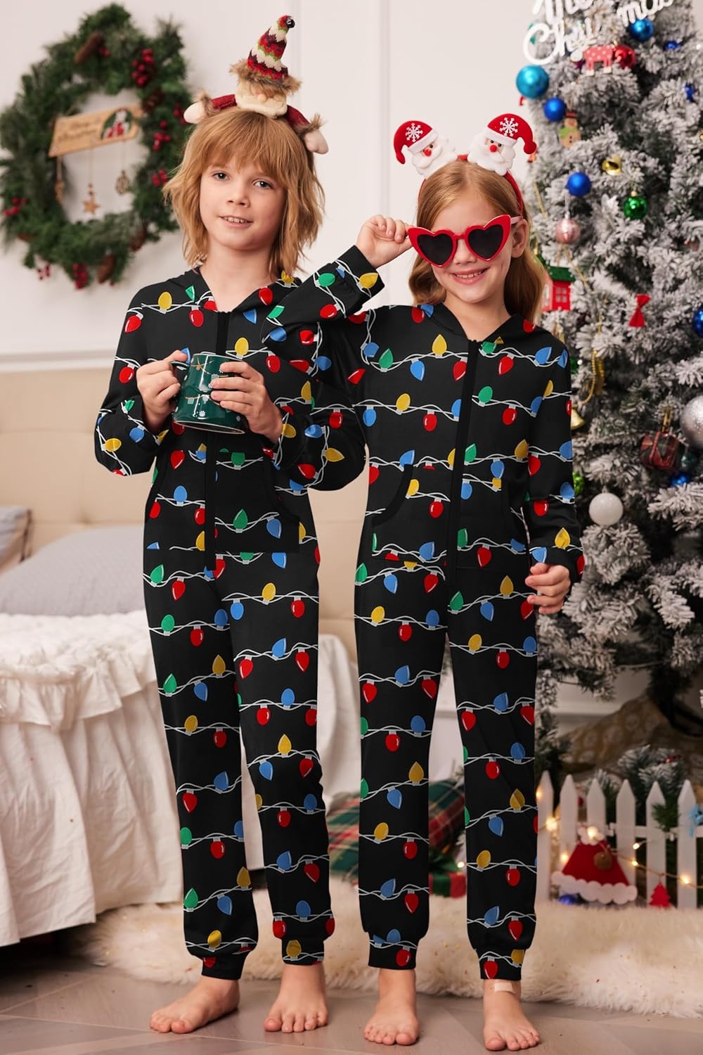 image:imageEkouaer Family Christmas Onesie Pajamas Matching Sets Hooded One Piece PjsFamily Christmas Lights Print