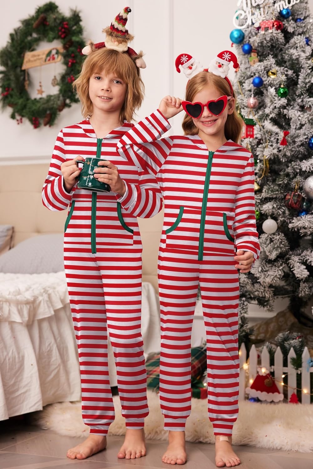 image:imageEkouaer Family Christmas Onesie Pajamas Matching Sets Hooded One Piece PjsFamily Red Striped Print