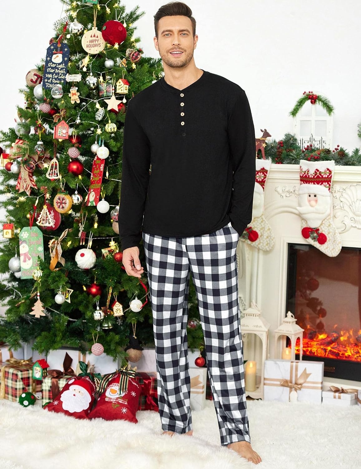 image:imageEkouaer Family Christmas Pajamas Matching Sets Pjs Holiday Lounge SetsBlack Whitebuffalo Plaid