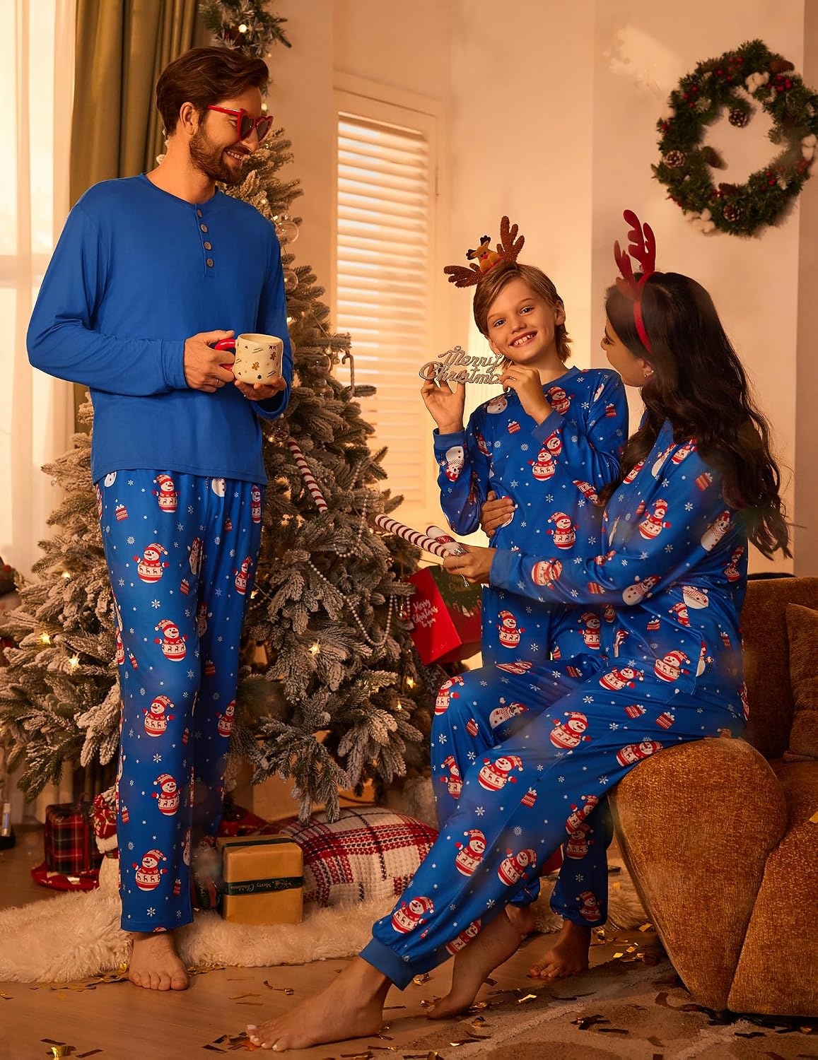 image:imageEkouaer Family Christmas Pajamas Matching Sets Pjs Holiday Lounge SetsBlue Snowman and Snowflake
