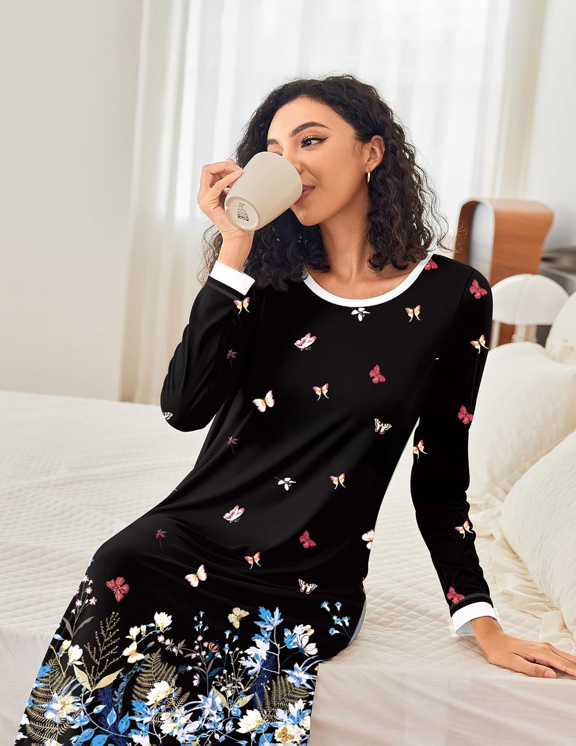 image:imageEkouaer Long Nightgowns for Women Long Sleeve Night Gown NightshirtBlack Butterfly