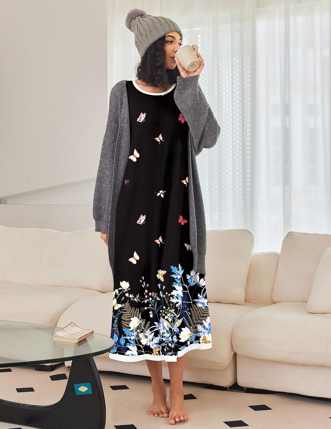 image:imageEkouaer Long Nightgowns for Women Long Sleeve Night Gown NightshirtBlack Butterfly