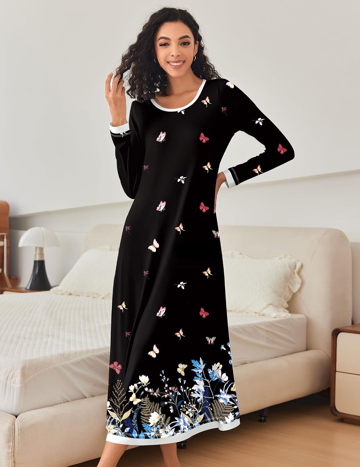image:imageEkouaer Long Nightgowns for Women Long Sleeve Night Gown NightshirtBlack Butterfly