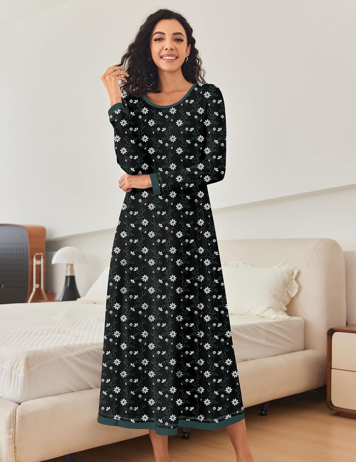 image:imageEkouaer Long Nightgowns for Women Long Sleeve Night Gown NightshirtBlack Daisy
