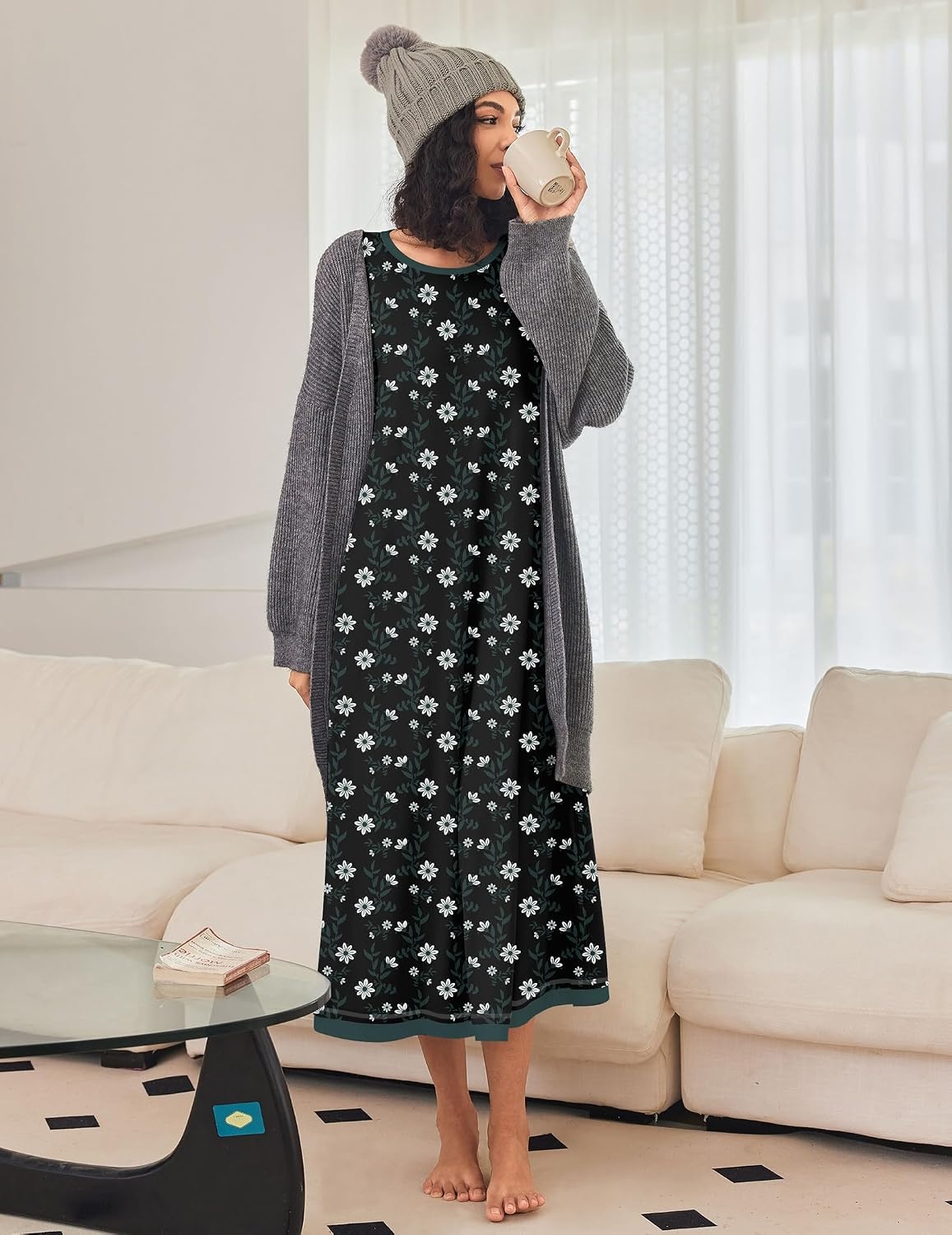 image:imageEkouaer Long Nightgowns for Women Long Sleeve Night Gown NightshirtBlack Daisy
