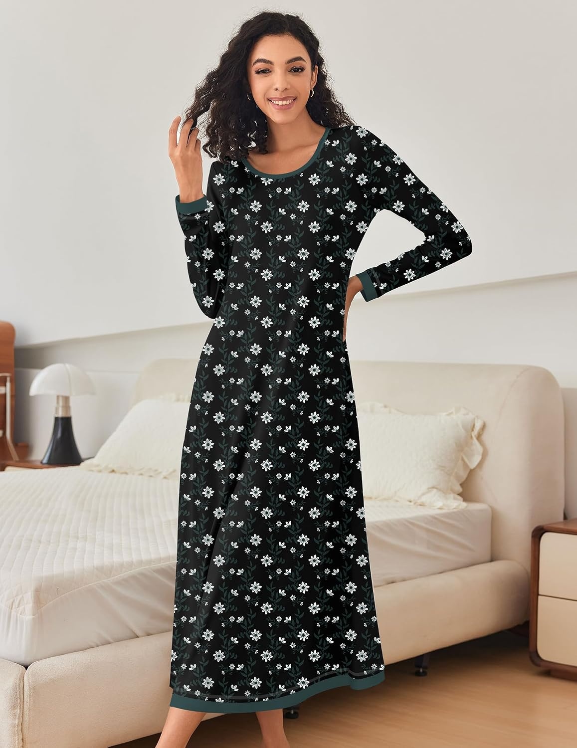 image:imageEkouaer Long Nightgowns for Women Long Sleeve Night Gown NightshirtBlack Daisy
