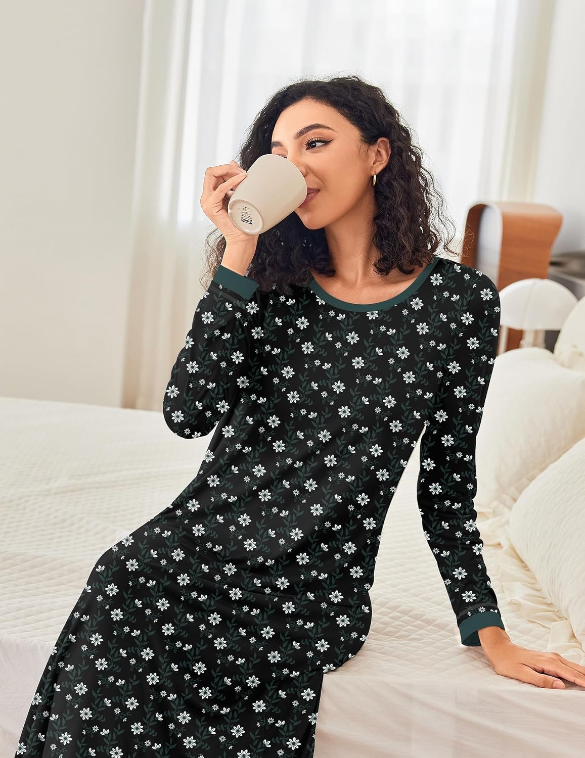 image:imageEkouaer Long Nightgowns for Women Long Sleeve Night Gown NightshirtBlack Daisy