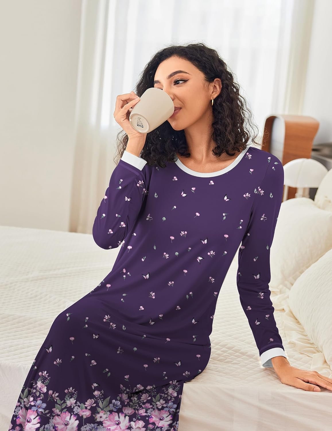 image:imageEkouaer Long Nightgowns for Women Long Sleeve Night Gown NightshirtPurple Floral