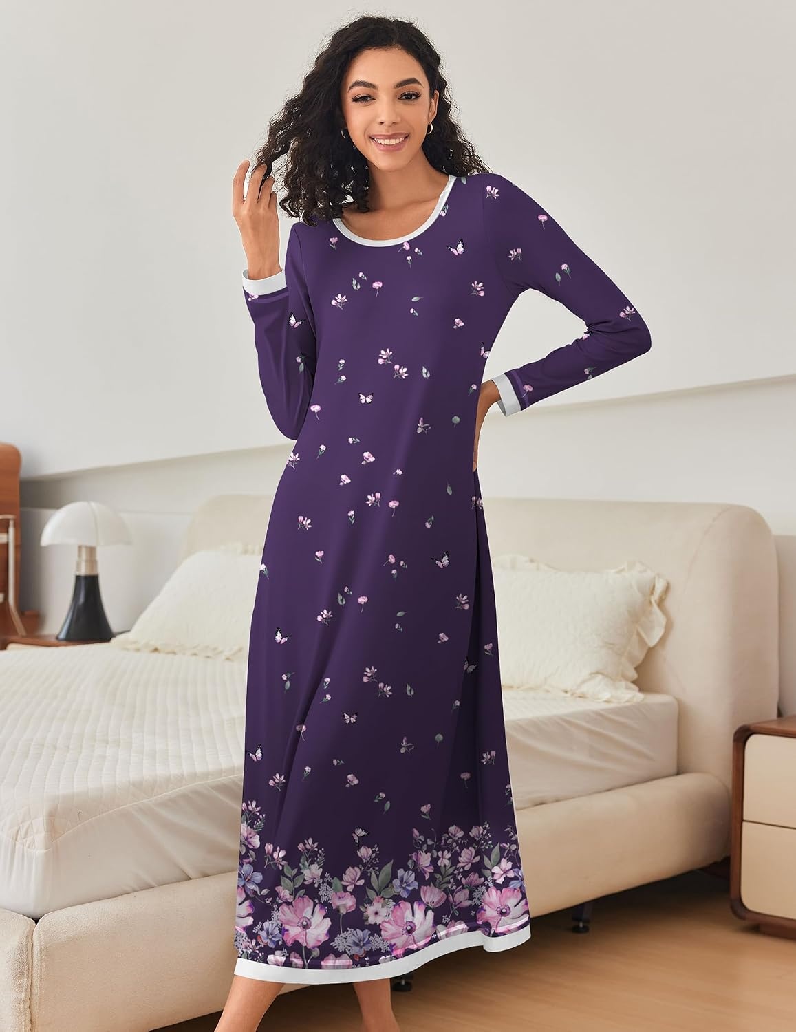 image:imageEkouaer Long Nightgowns for Women Long Sleeve Night Gown NightshirtPurple Floral