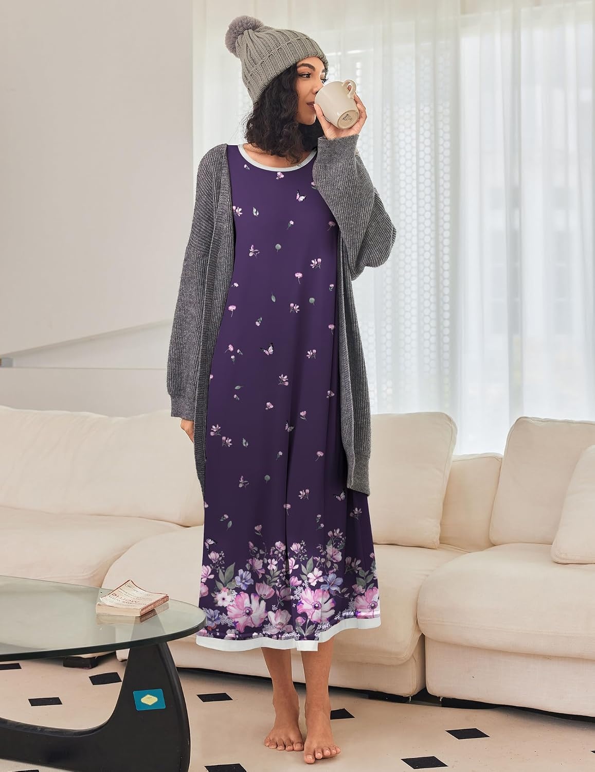 image:imageEkouaer Long Nightgowns for Women Long Sleeve Night Gown NightshirtPurple Floral