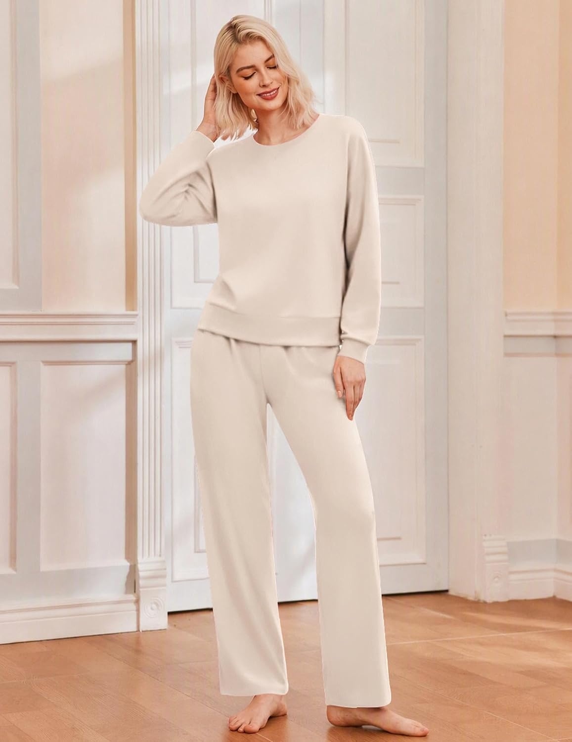 image:imageEkouaer Lounge Sets for Women Casual Long Sleeve and Long Pants Pajamas SetBeige