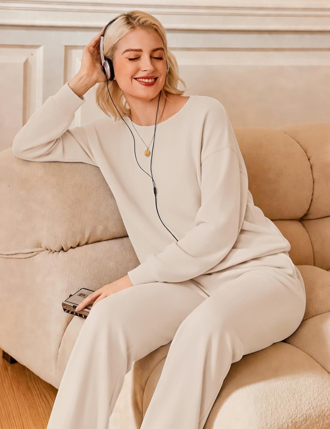 image:imageEkouaer Lounge Sets for Women Casual Long Sleeve and Long Pants Pajamas SetBeige