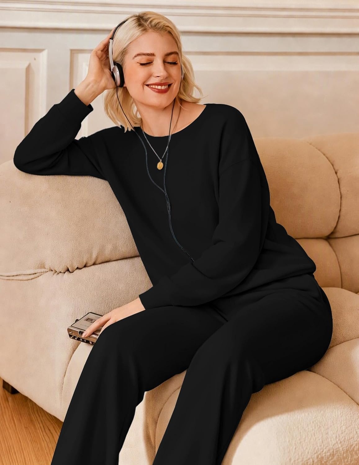 image:imageEkouaer Lounge Sets for Women Casual Long Sleeve and Long Pants Pajamas SetBlack