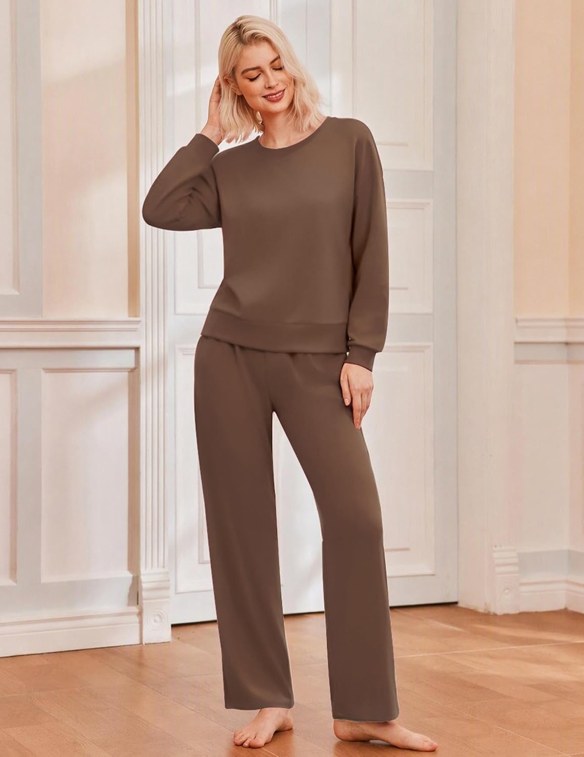 image:imageEkouaer Lounge Sets for Women Casual Long Sleeve and Long Pants Pajamas SetBrown