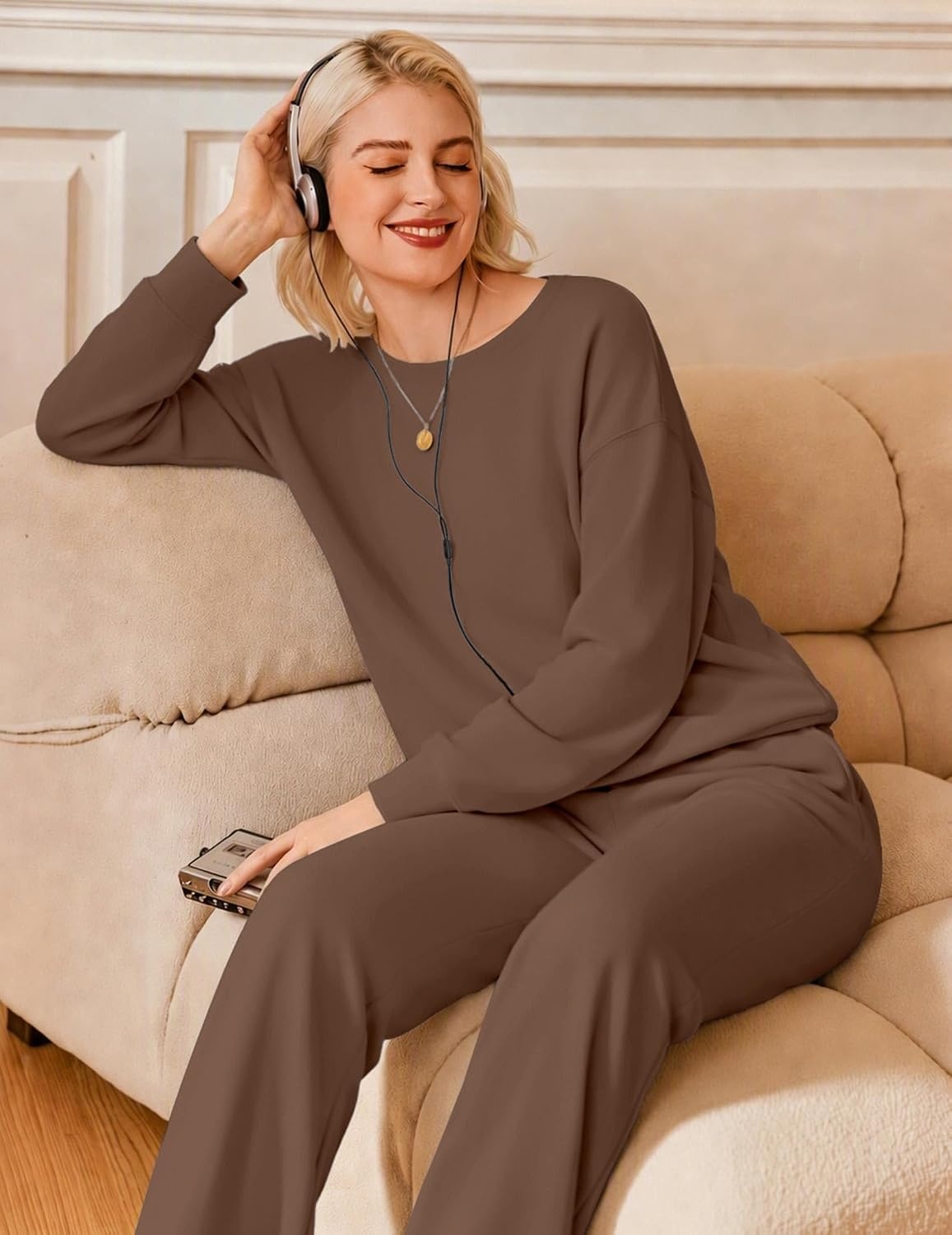 image:imageEkouaer Lounge Sets for Women Casual Long Sleeve and Long Pants Pajamas SetBrown