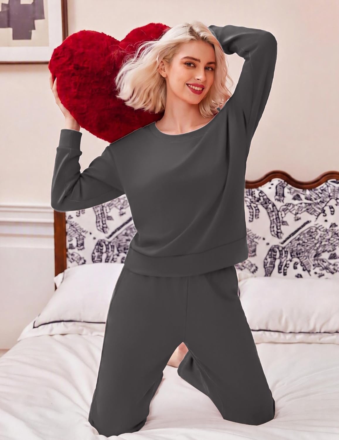 image:imageEkouaer Lounge Sets for Women Casual Long Sleeve and Long Pants Pajamas SetDark Grey