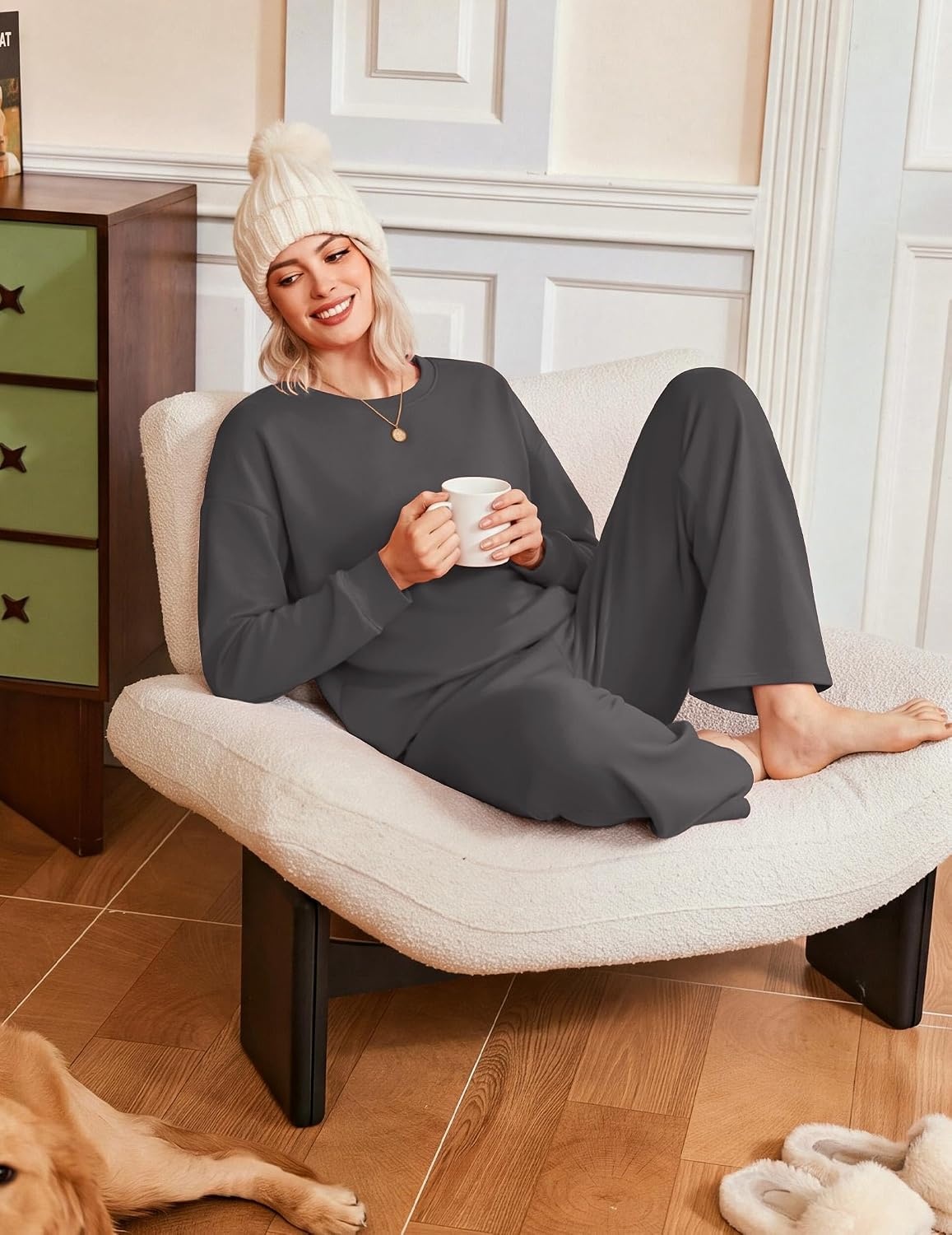 image:imageEkouaer Lounge Sets for Women Casual Long Sleeve and Long Pants Pajamas SetDark Grey