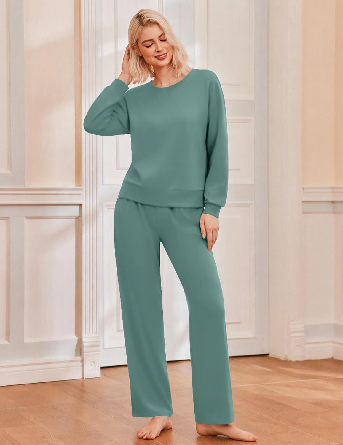 image:imageEkouaer Lounge Sets for Women Casual Long Sleeve and Long Pants Pajamas SetGrey Green