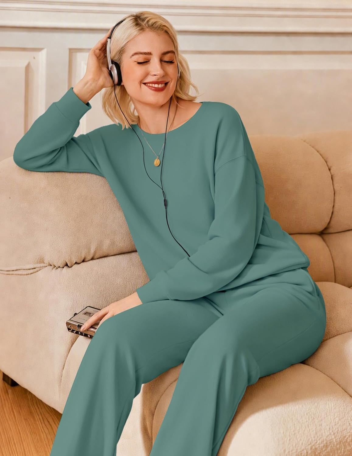 image:imageEkouaer Lounge Sets for Women Casual Long Sleeve and Long Pants Pajamas SetGrey Green
