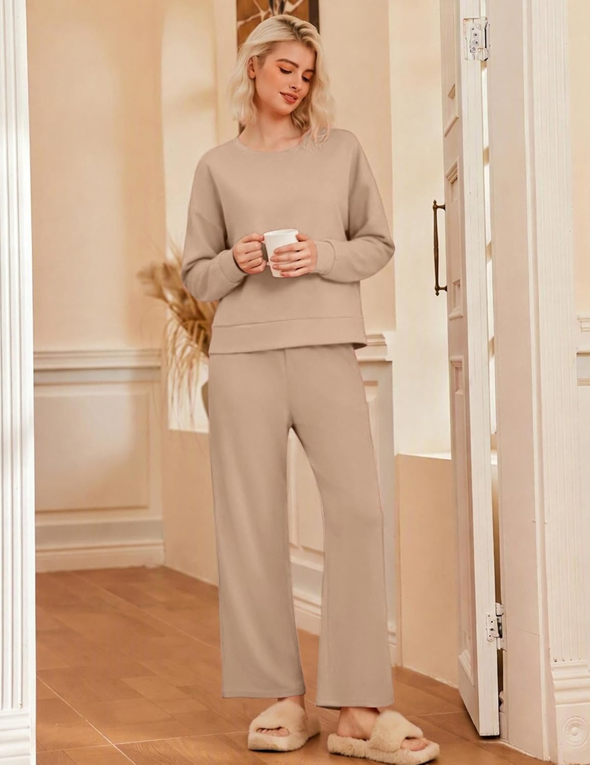 image:imageEkouaer Lounge Sets for Women Casual Long Sleeve and Long Pants Pajamas SetKhaki