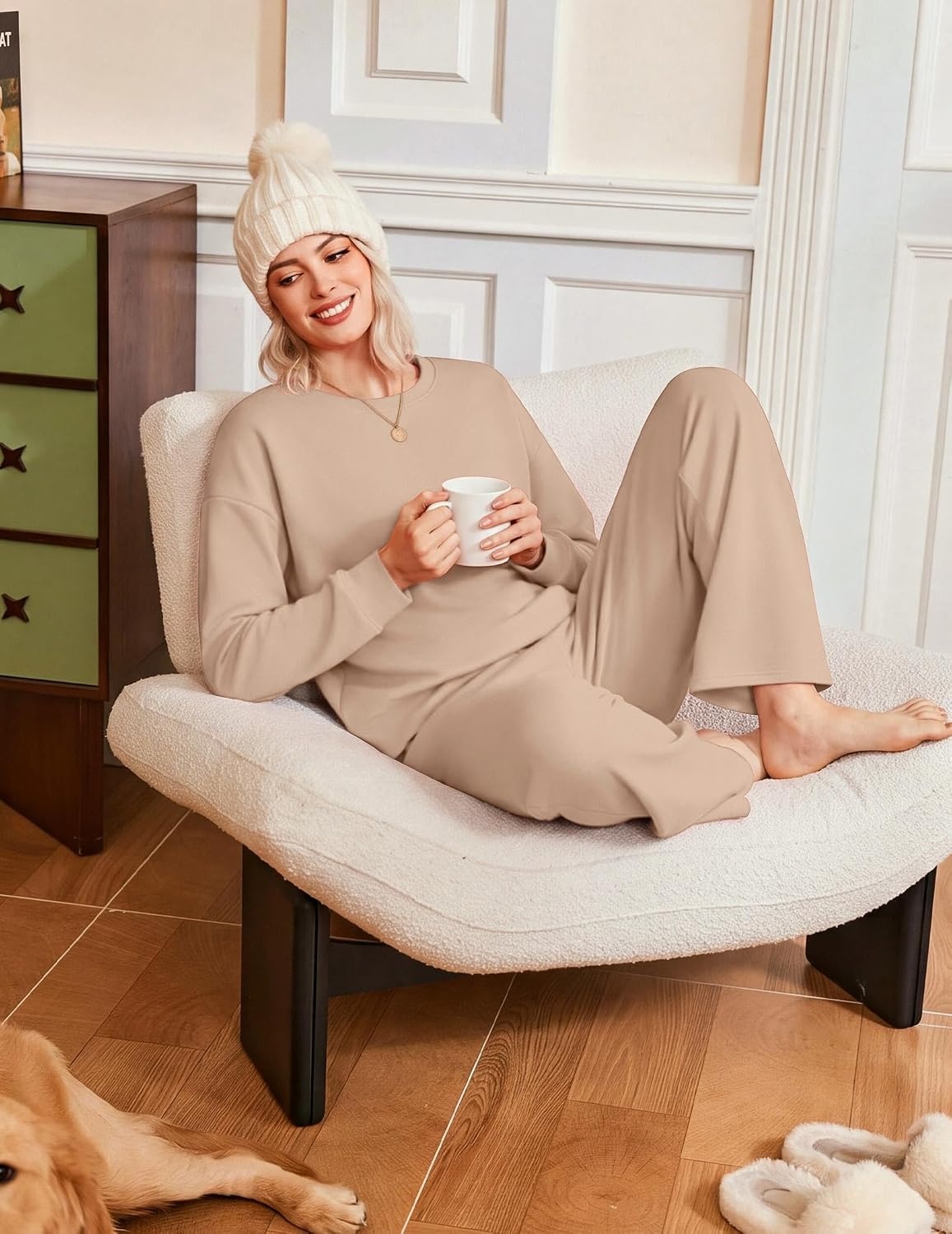 image:imageEkouaer Lounge Sets for Women Casual Long Sleeve and Long Pants Pajamas SetKhaki