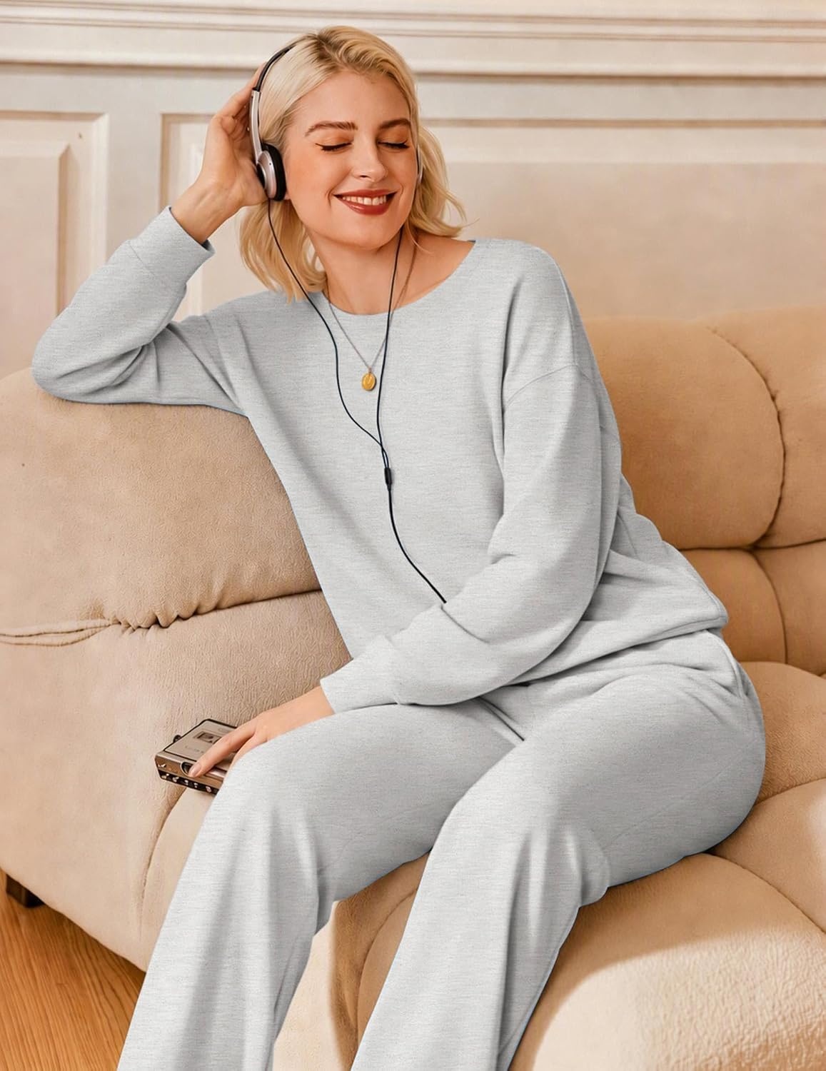 image:imageEkouaer Lounge Sets for Women Casual Long Sleeve and Long Pants Pajamas SetLight Grey