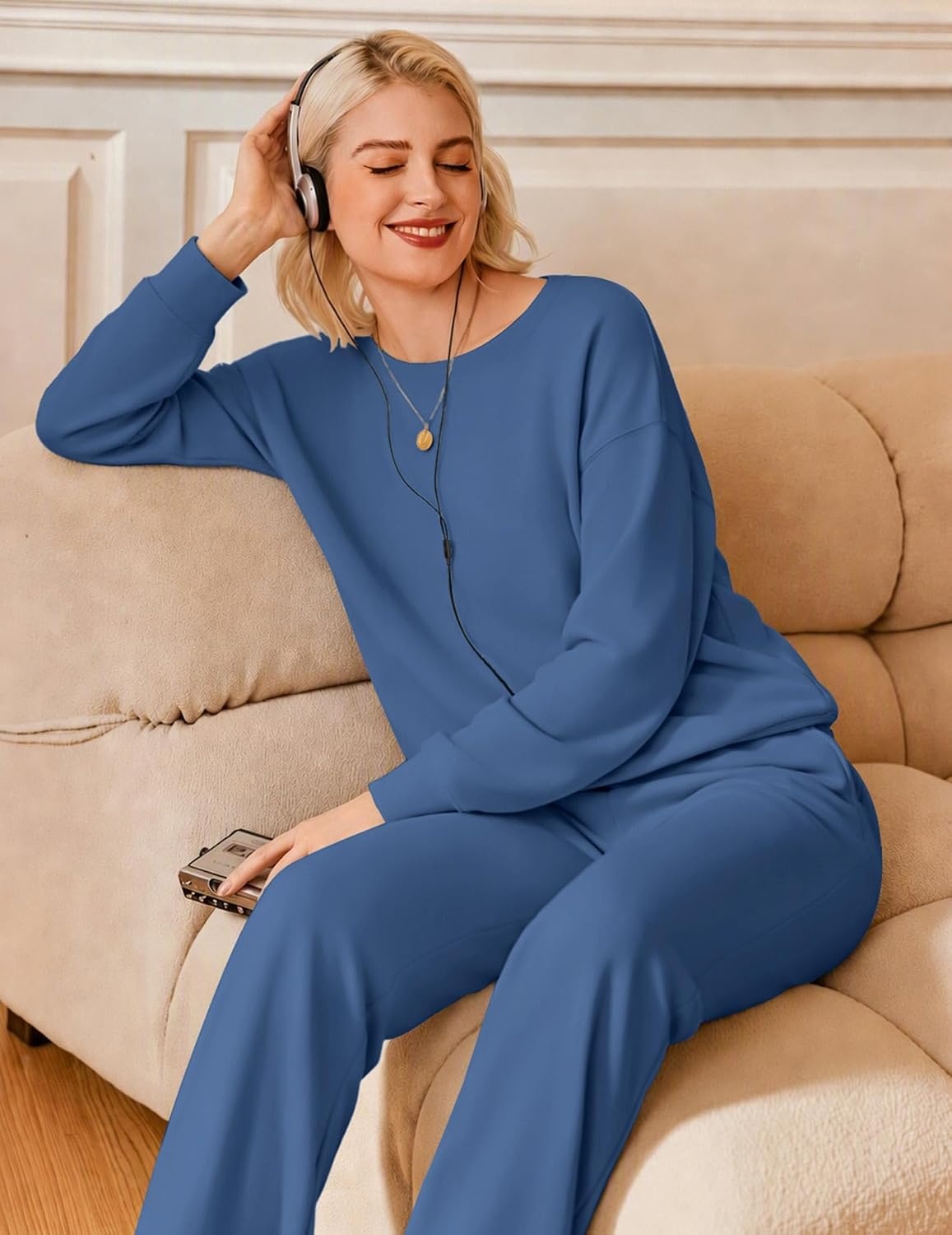 image:imageEkouaer Lounge Sets for Women Casual Long Sleeve and Long Pants Pajamas SetNavy