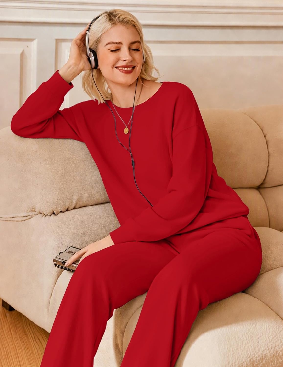 image:imageEkouaer Lounge Sets for Women Casual Long Sleeve and Long Pants Pajamas SetRed