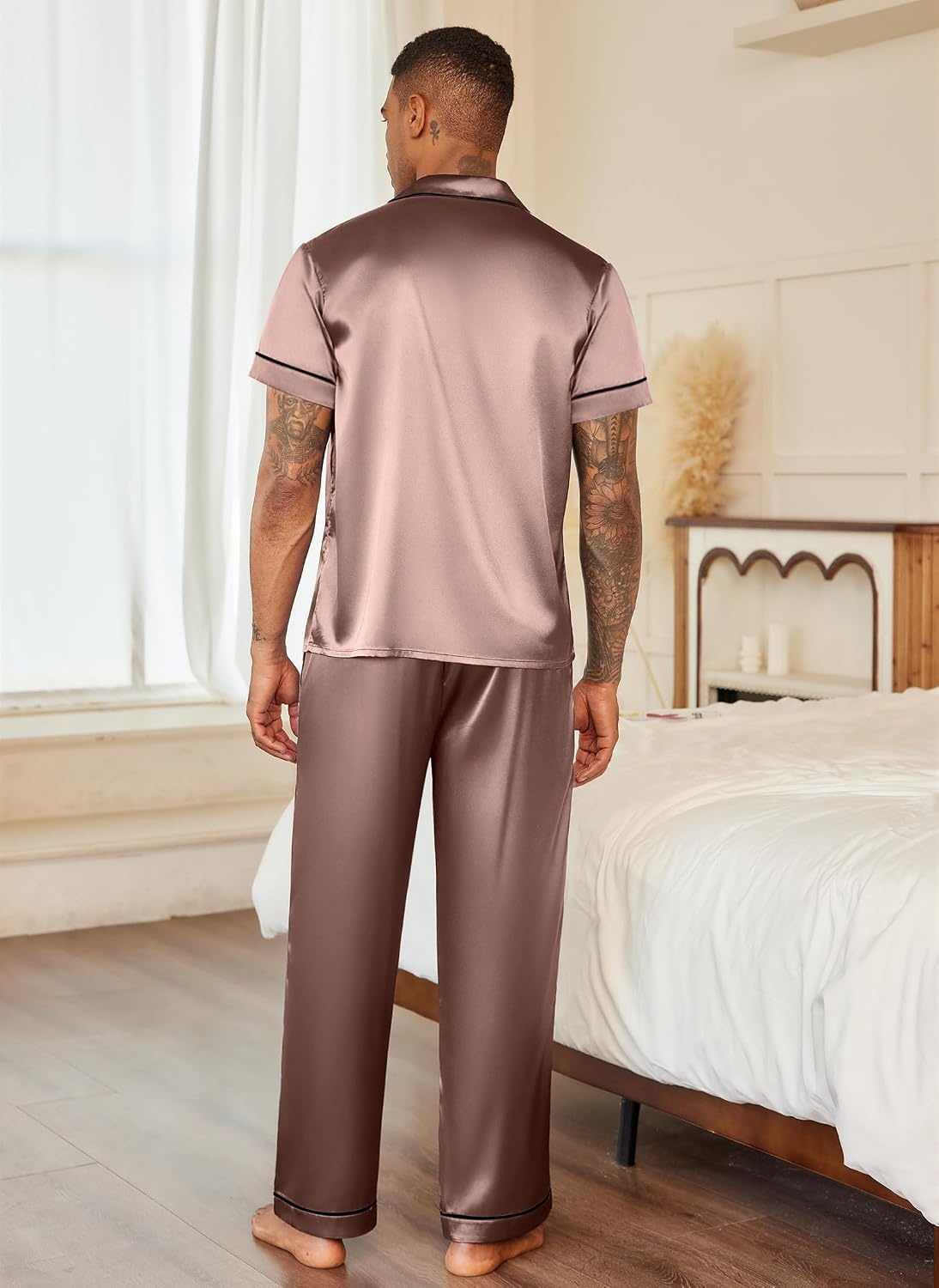 image:imageEkouaer Mens Satin Pajama Set Short Sleeve Button Down Sleepwear with PantBrown