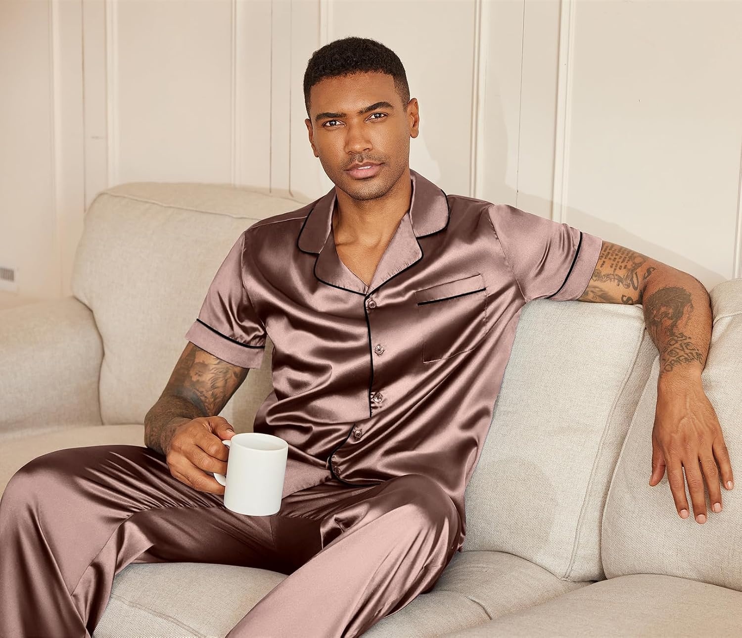 image:imageEkouaer Mens Satin Pajama Set Short Sleeve Button Down Sleepwear with PantBrown
