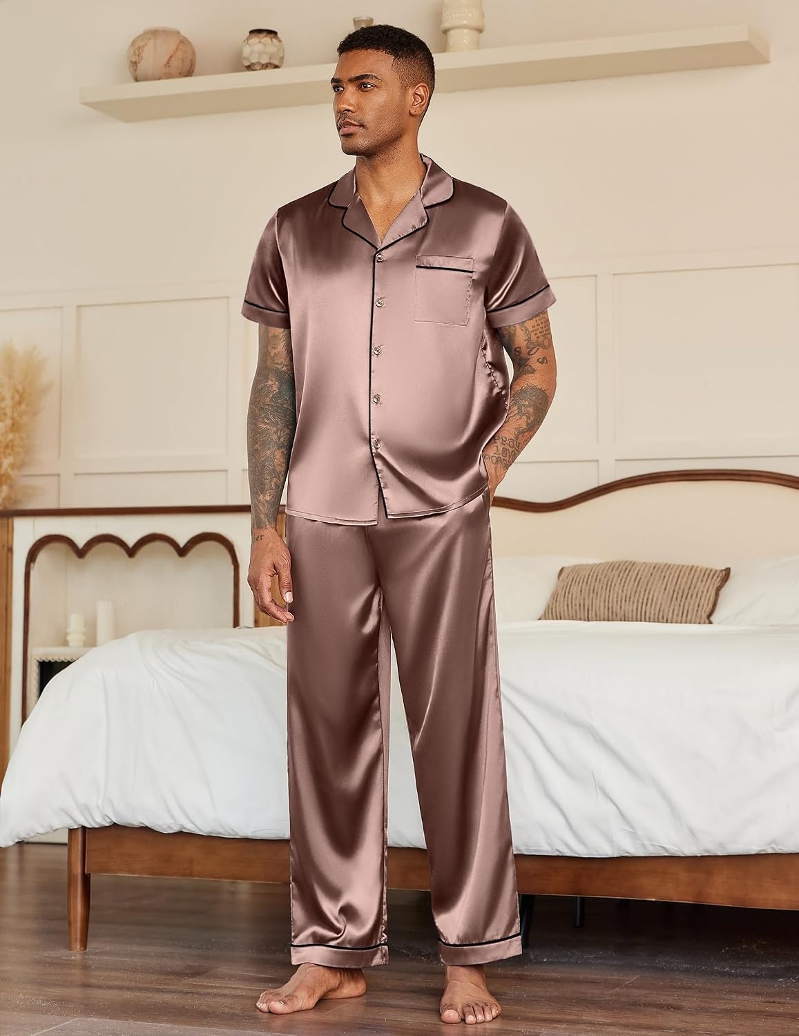 image:imageEkouaer Mens Satin Pajama Set Short Sleeve Button Down Sleepwear with PantBrown