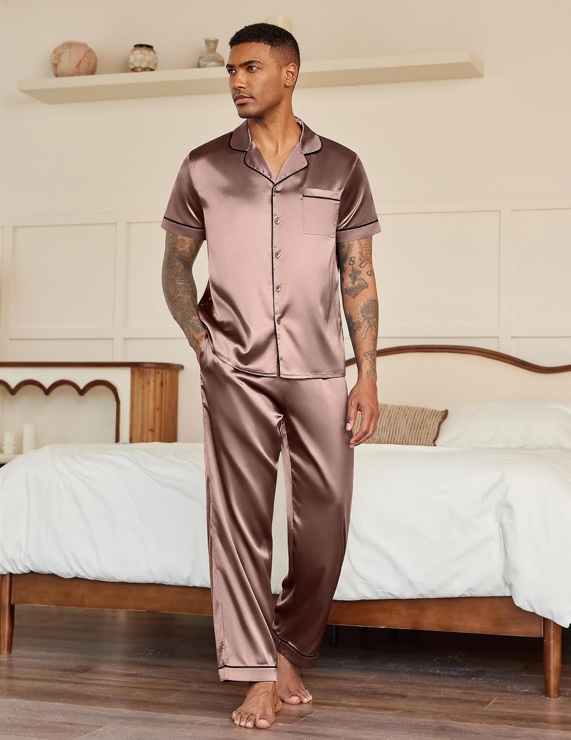image:imageEkouaer Mens Satin Pajama Set Short Sleeve Button Down Sleepwear with PantBrown