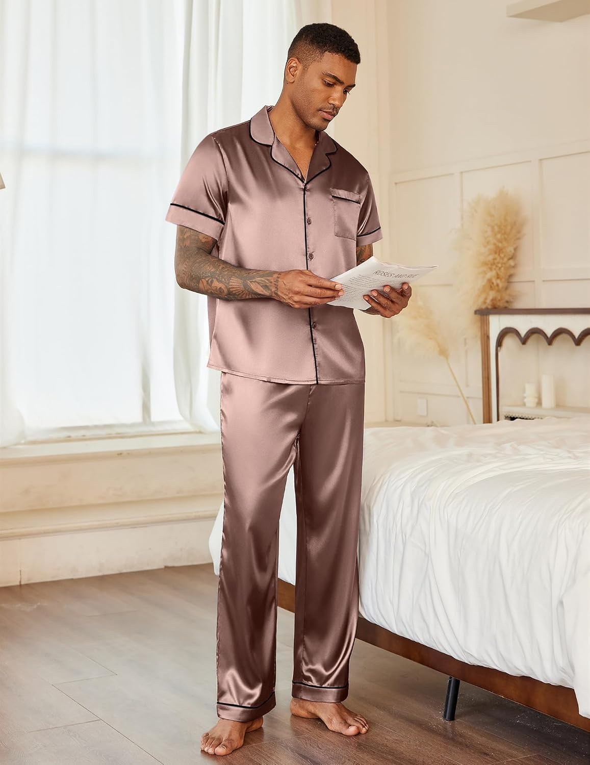 image:imageEkouaer Mens Satin Pajama Set Short Sleeve Button Down Sleepwear with PantBrown