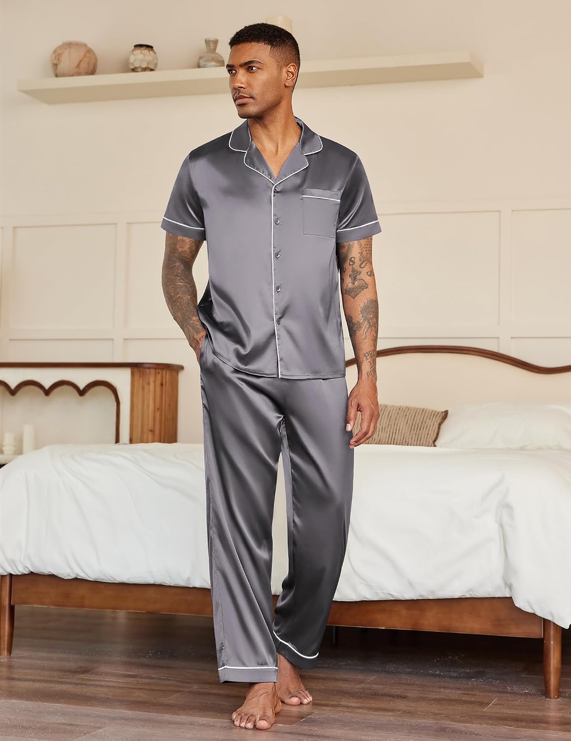 image:imageEkouaer Mens Satin Pajama Set Short Sleeve Button Down Sleepwear with PantDark Grey