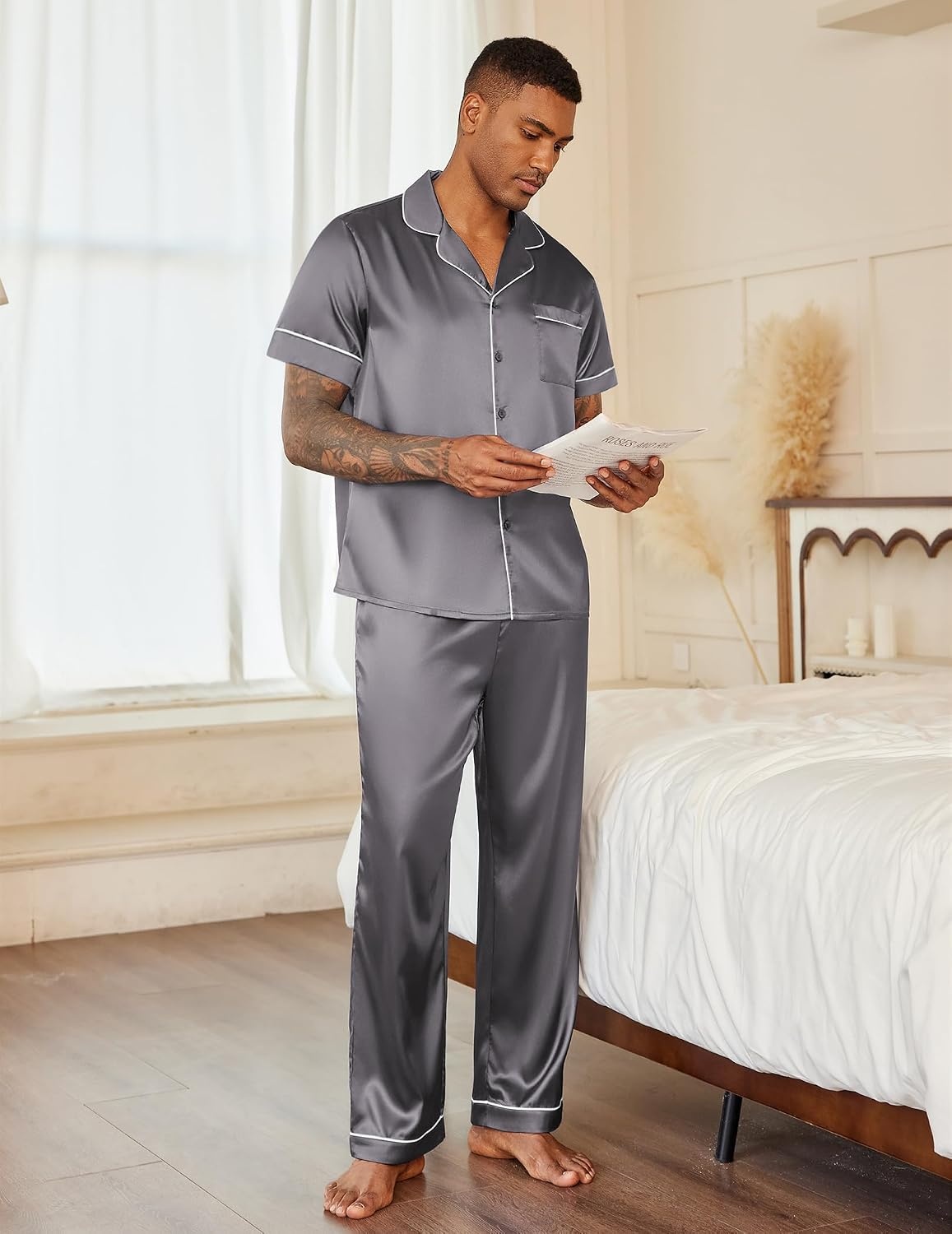 image:imageEkouaer Mens Satin Pajama Set Short Sleeve Button Down Sleepwear with PantDark Grey