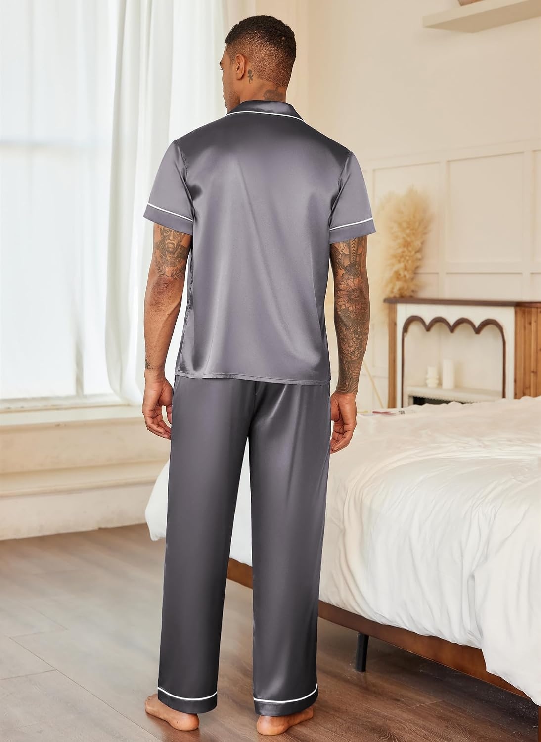 image:imageEkouaer Mens Satin Pajama Set Short Sleeve Button Down Sleepwear with PantDark Grey