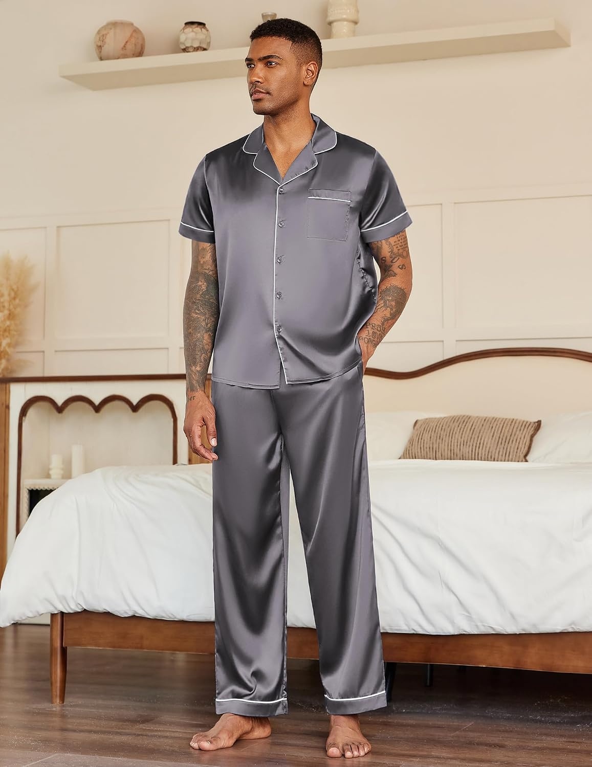 image:imageEkouaer Mens Satin Pajama Set Short Sleeve Button Down Sleepwear with PantDark Grey