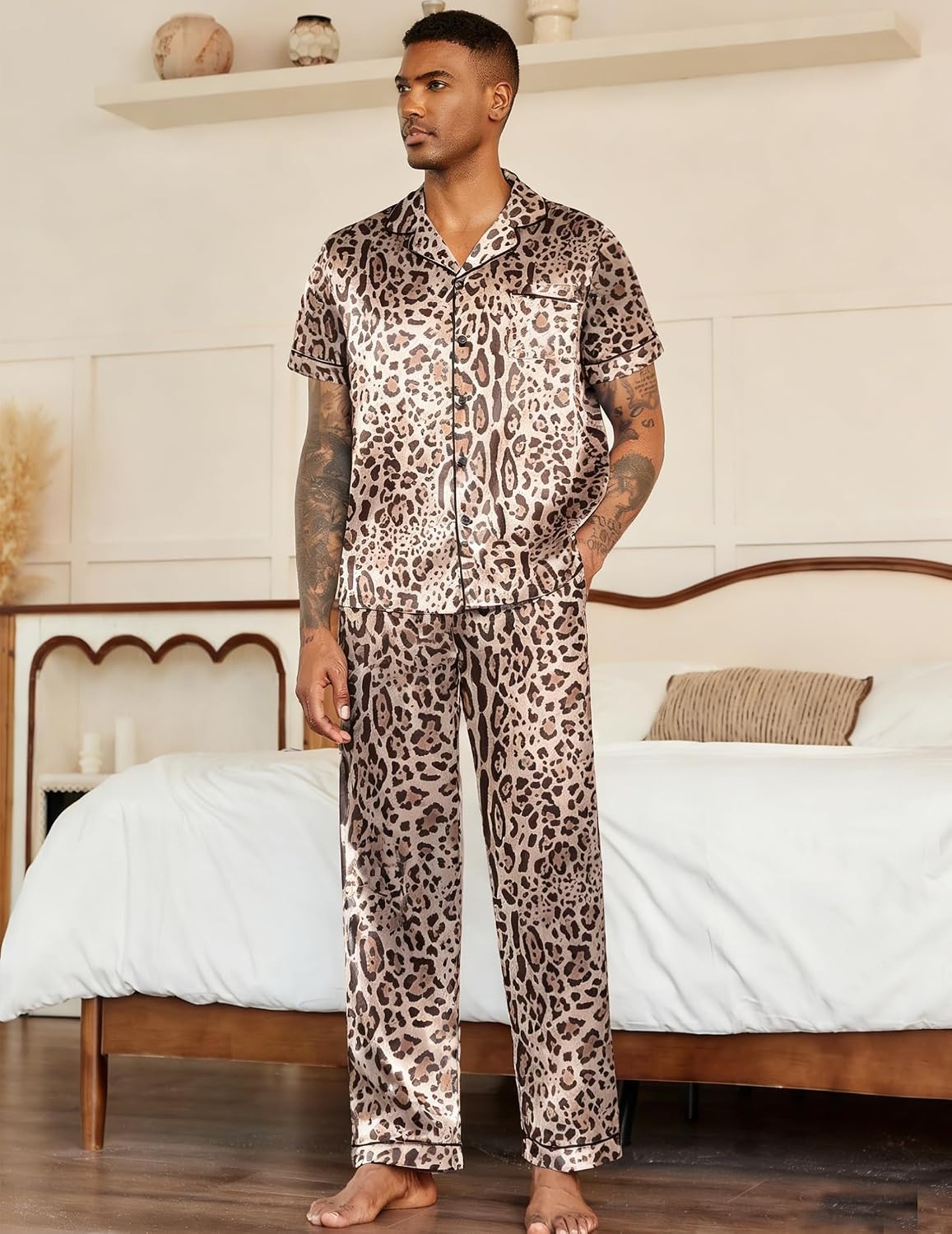 image:imageEkouaer Mens Satin Pajama Set Short Sleeve Button Down Sleepwear with PantLeopard Print