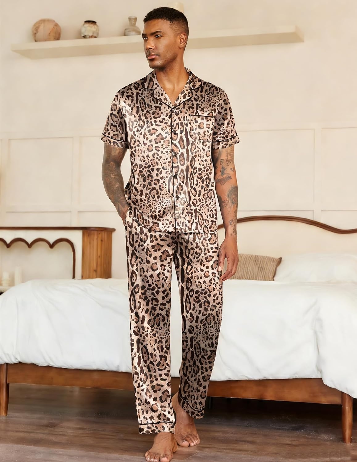 image:imageEkouaer Mens Satin Pajama Set Short Sleeve Button Down Sleepwear with PantLeopard Print