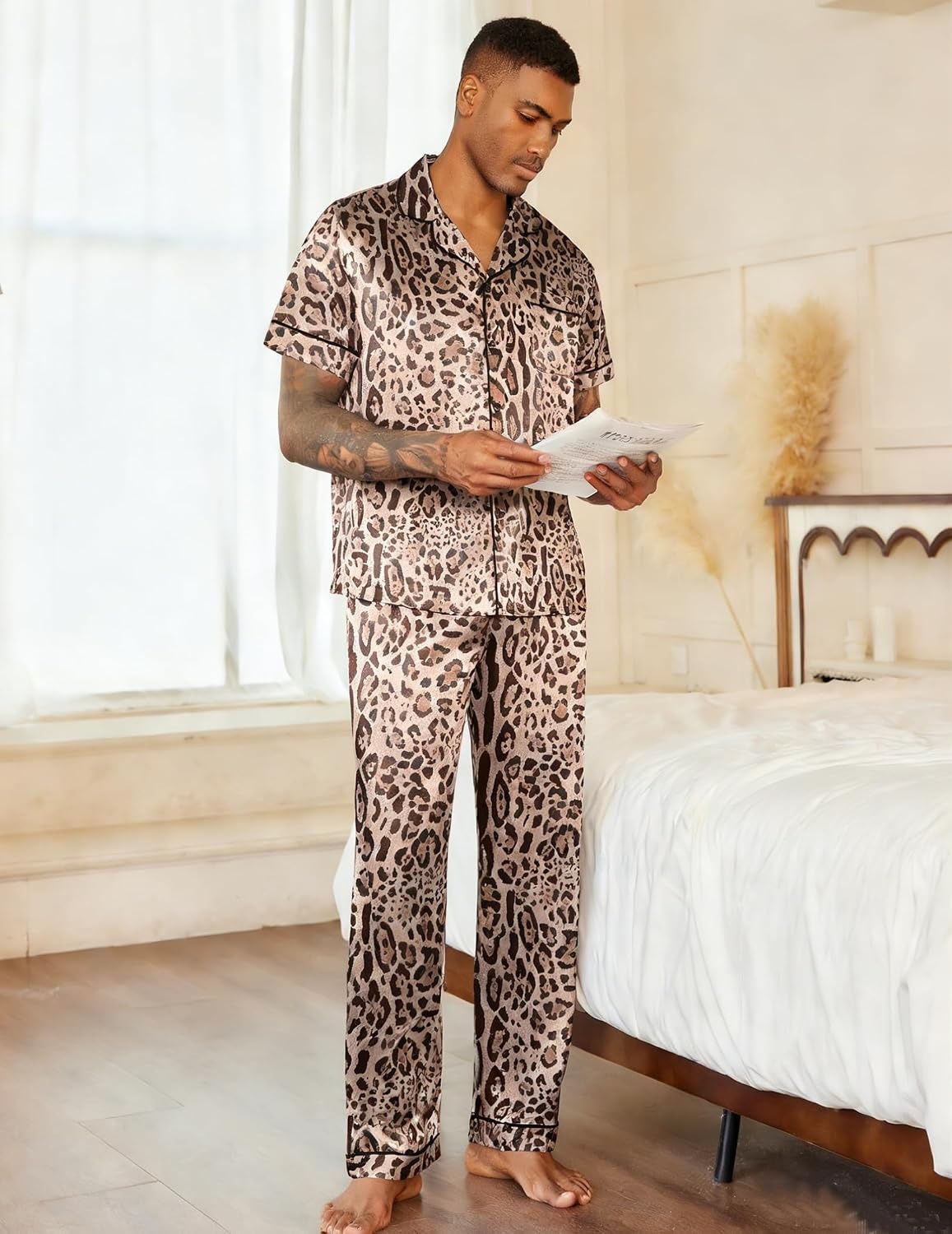 image:imageEkouaer Mens Satin Pajama Set Short Sleeve Button Down Sleepwear with PantLeopard Print