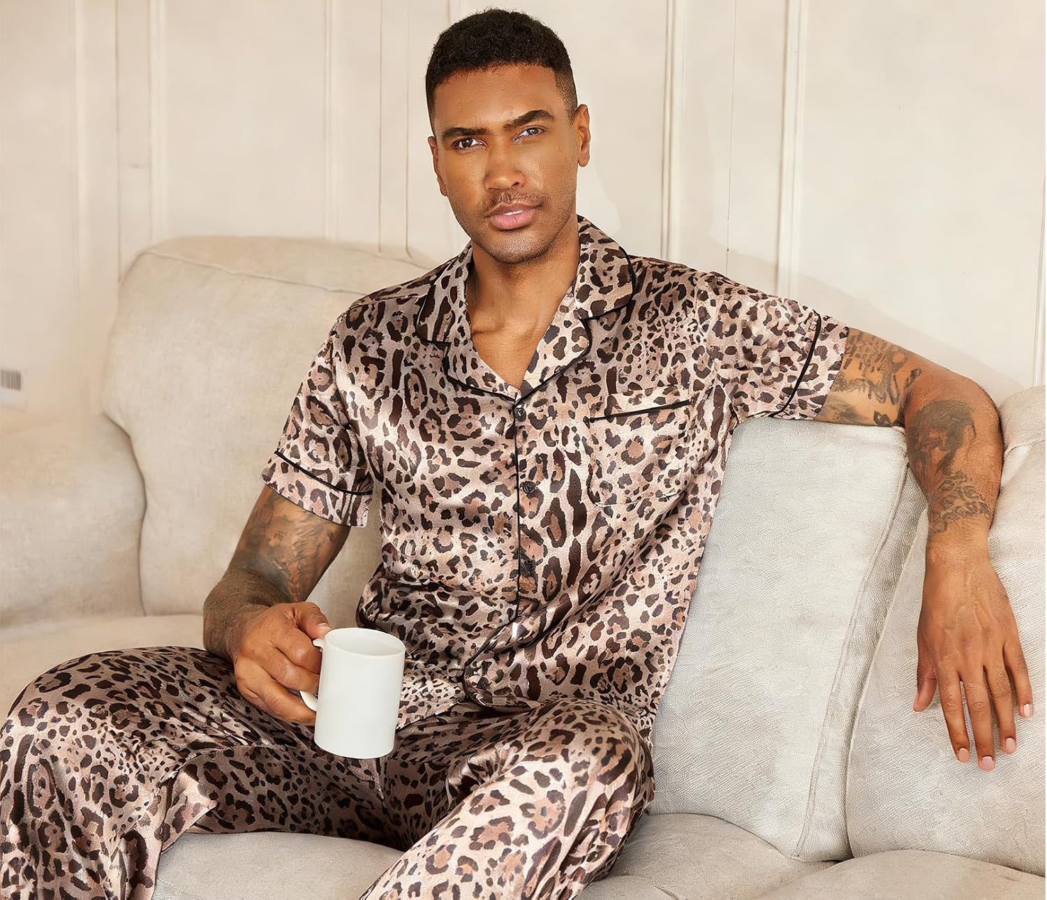 image:imageEkouaer Mens Satin Pajama Set Short Sleeve Button Down Sleepwear with PantLeopard Print